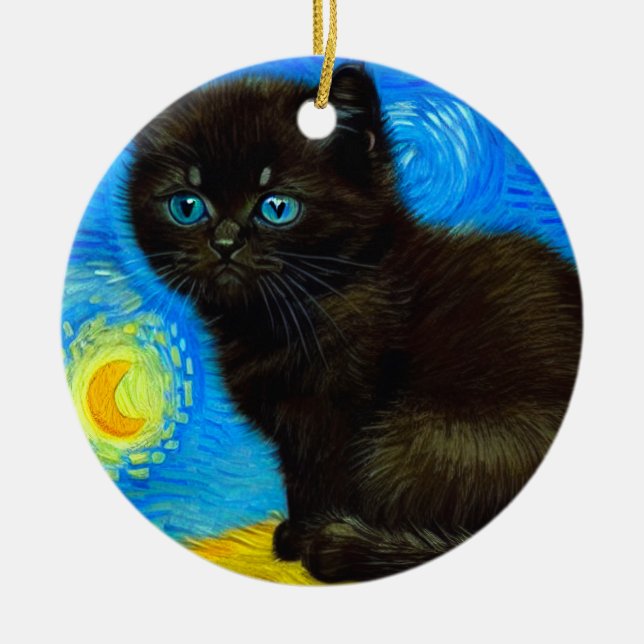 Ornamento De Cerâmica Gogh Style Starry Night Cat (Frente)