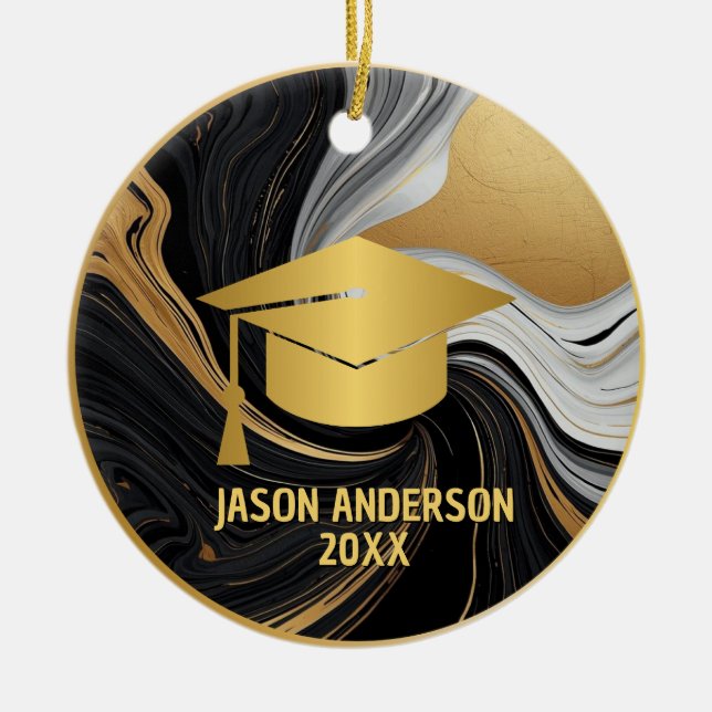 Ornamento De Cerâmica Gold and Black Custom Graduation Ornament (Frente)
