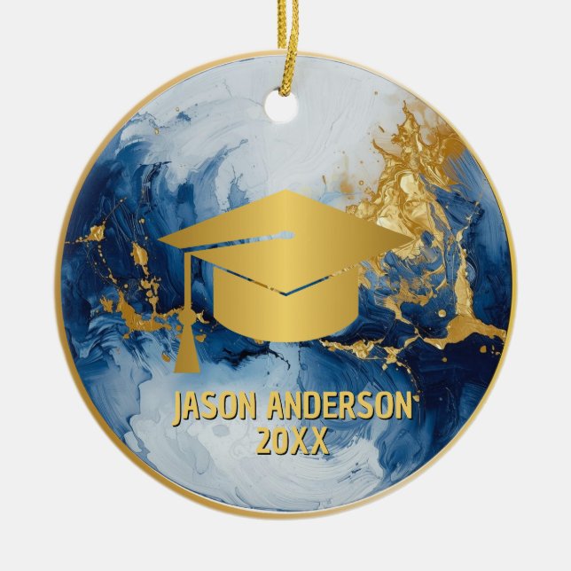 Ornamento De Cerâmica Gold and Blue Custom Graduation Ornament (Frente)