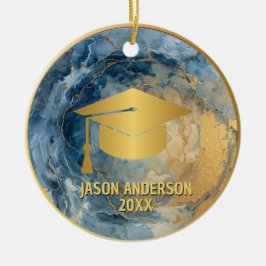 Ornamento De Cerâmica Gold and Blue Custom Graduation Ornament