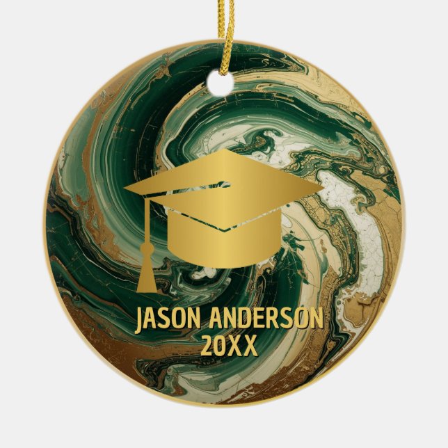 Ornamento De Cerâmica Gold and Green Custom Graduation Ornament (Frente)