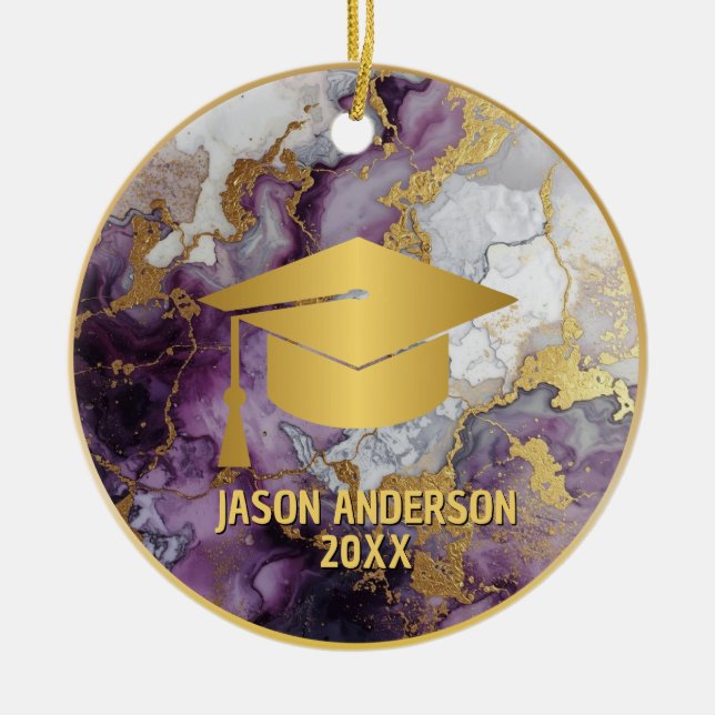 Ornamento De Cerâmica Gold and Purple Custom Graduation Ornament (Frente)