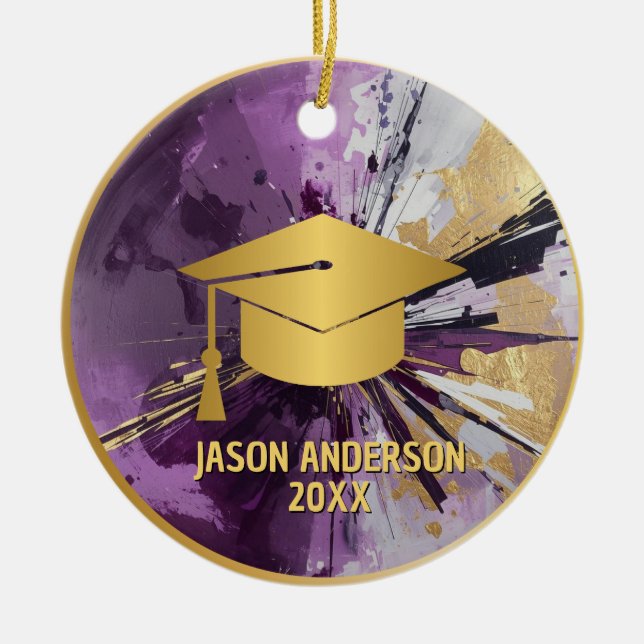 Ornamento De Cerâmica Gold and Purple Custom Graduation Ornament (Frente)