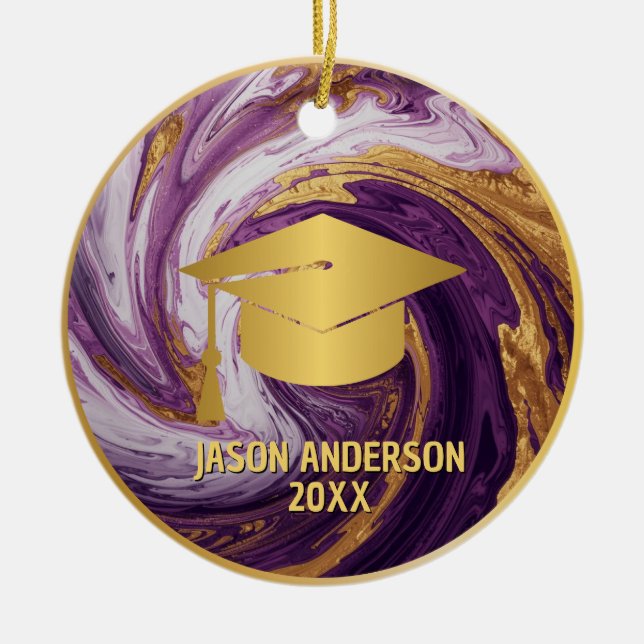 Ornamento De Cerâmica Gold and Purple Custom Graduation Ornament (Frente)