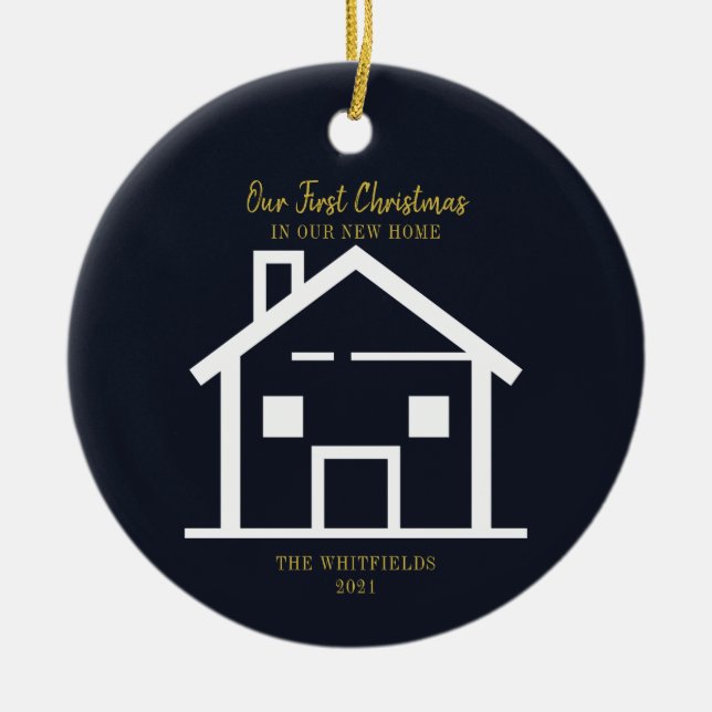 Ornamento De Cerâmica Gold Brush Script First Christmas Holiday New Home (Frente)
