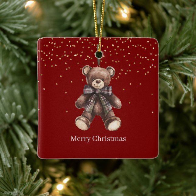 Ornamento De Cerâmica Gold Confetti Red Teddy Bear Christmas (Árvore)