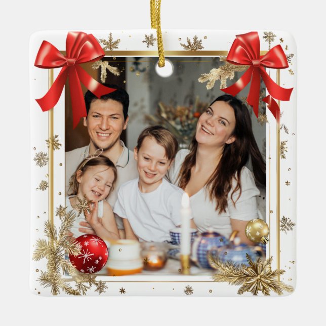 Ornamento De Cerâmica Gold Frame with custom Photo Family new year 2026 (Frente)