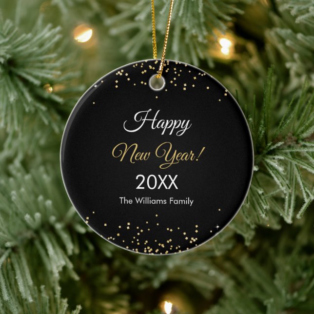 Ornamento De Cerâmica Gold Glitter Happy New Year Black (Árvore)