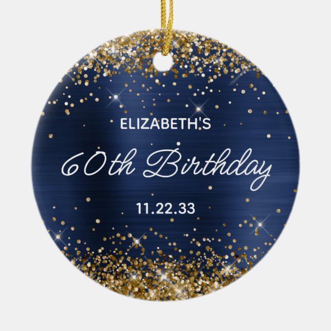 Ornamento De Cerâmica Gold Glitter Navy Blue Foil 60th Birthday Photo (Frente)