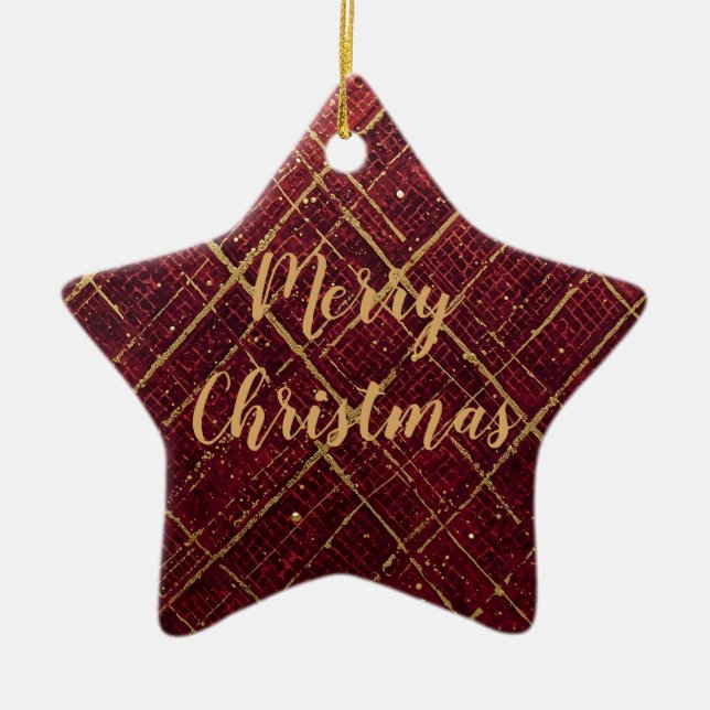 Ornamento De Cerâmica Gold Red Cross Pattern, Gold Merry Christmas , (Frente)