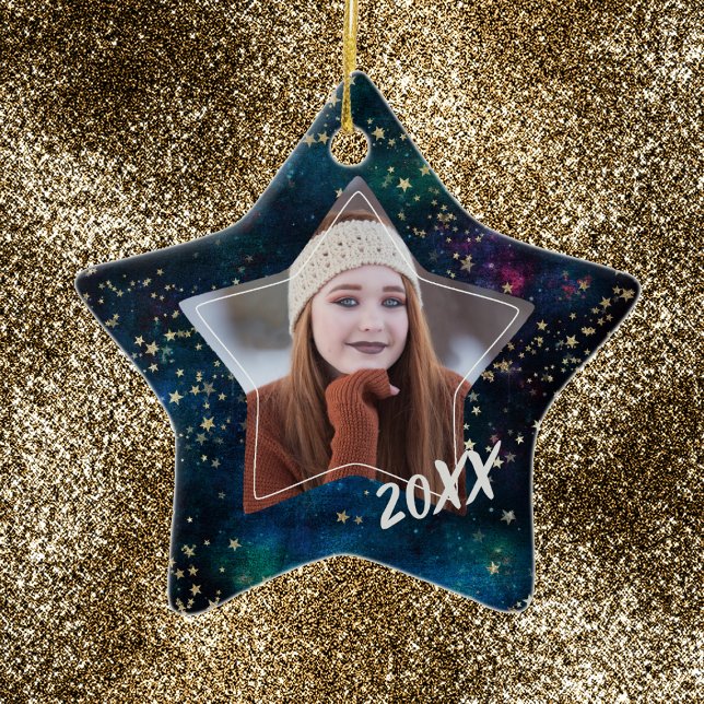 Ornamento De Cerâmica Gold Star Universe Graduate Photo Ornament (Criador carregado)