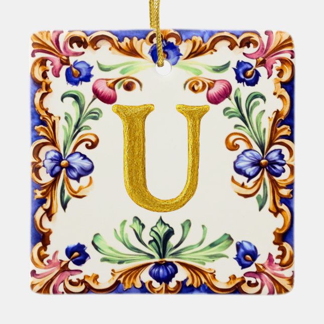 Ornamento De Cerâmica Golden Alphabet – Letter U (Frente)