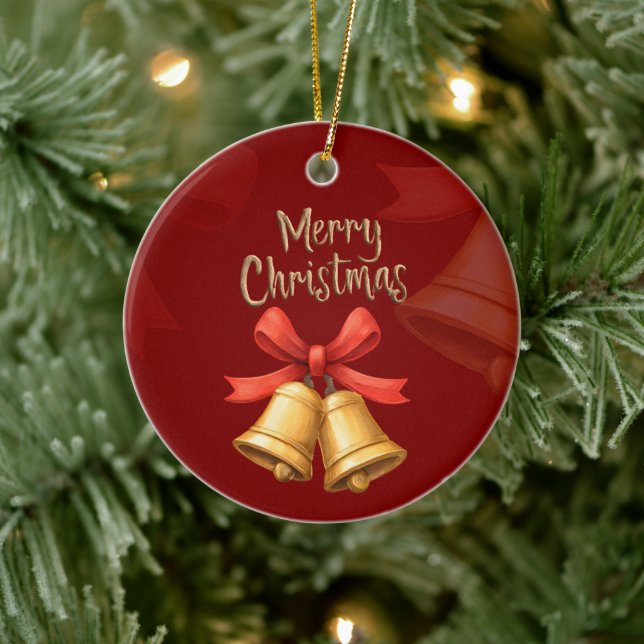 Ornamento De Cerâmica Golden Christmas Bells Red Holiday Art (Árvore)