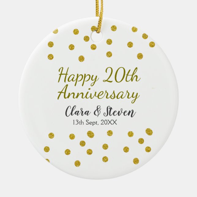 Ornamento De Cerâmica Golden dots glitter happy 20th anniversary wedding (Frente)
