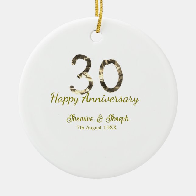 Ornamento De Cerâmica Golden Metallic 30th Happy anniversary add name (Frente)