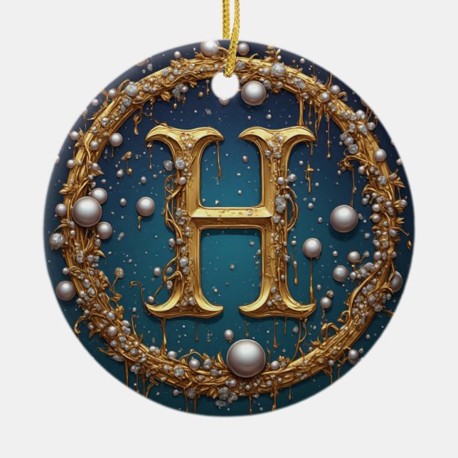 Ornamento De Cerâmica Golden Monogram Initial Letter H (Frente)