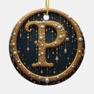 Ornamento De Cerâmica Golden Monogram Initial Letter P