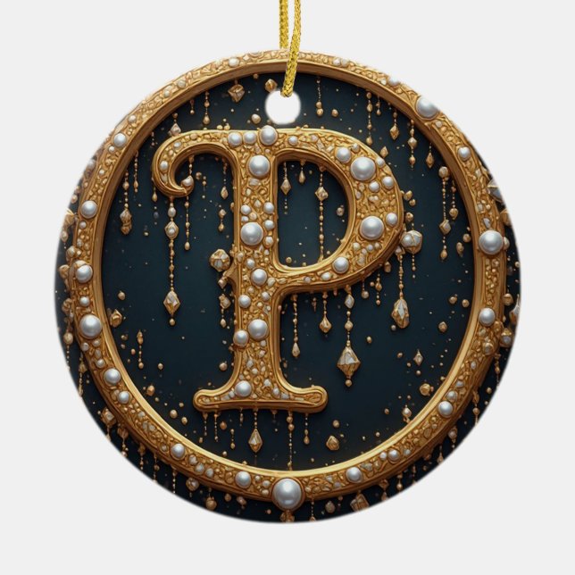 Ornamento De Cerâmica Golden Monogram Initial Letter P (Frente)