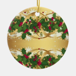 Ornamento De Cerâmica Golden Noel Garland — Red Berries & Holly Leaves