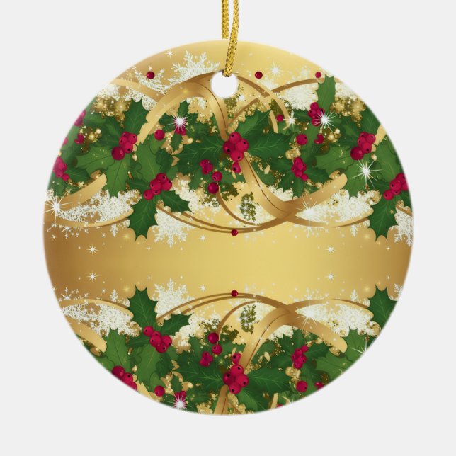 Ornamento De Cerâmica Golden Noel Garland — Red Berries & Holly Leaves (Frente)
