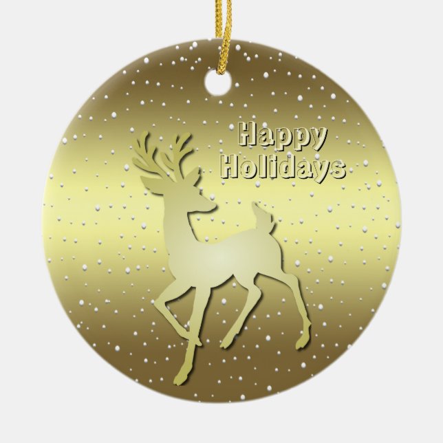 Ornamento De Cerâmica Golden Reindeer Snowy Holiday Ornament (Frente)