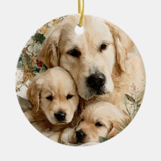 Ornamento De Cerâmica Golden Retriever and Puppies Vintage Christmas