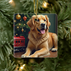 Ornamento De Cerâmica Golden Retriever ao lado do Trem de Brinquedo de N