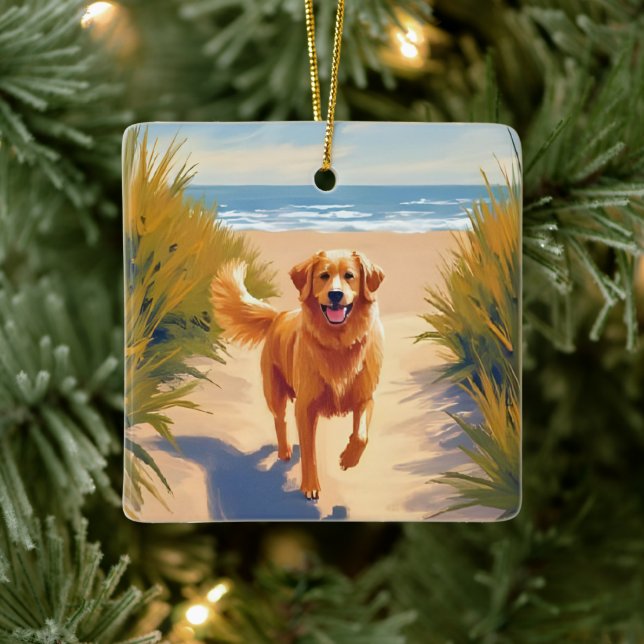 Ornamento De Cerâmica Golden Retriever Beach Path | Ocean Dog Pet (Árvore)