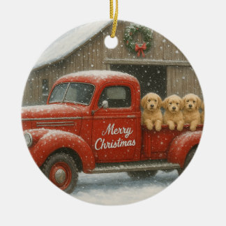 Ornamento De Cerâmica Golden Retriever Christmas Puppies in Old Truck