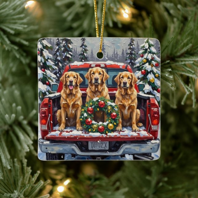 Ornamento De Cerâmica Golden Retriever Christmas Red Truck Holiday (Árvore)