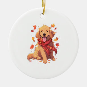Ornamento De Cerâmica Golden Retriever Fall Dog Autumn Leaves
