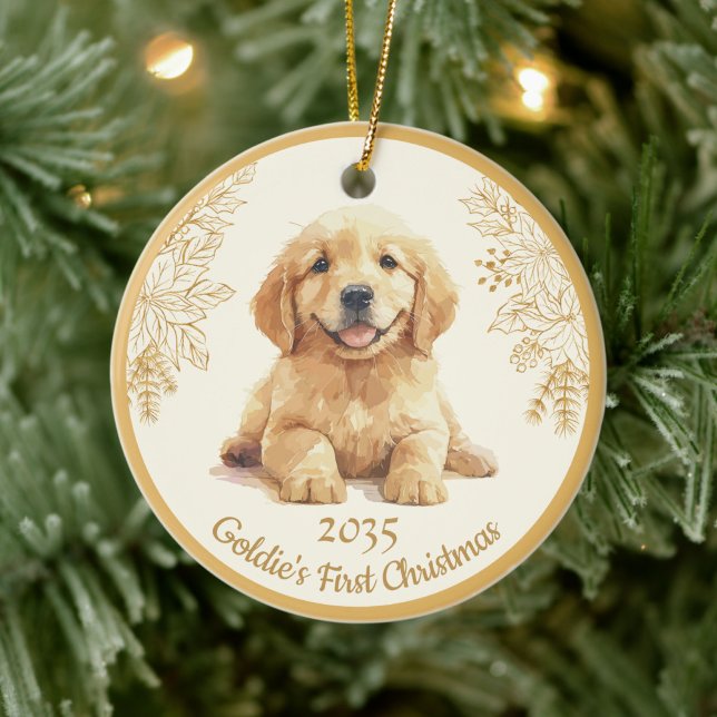 Ornamento De Cerâmica Golden Retriever First Christmas  (Criador carregado)