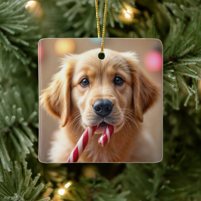 Ornamento De Cerâmica Golden Retriever Puppy With a Candy Cane (Árvore)