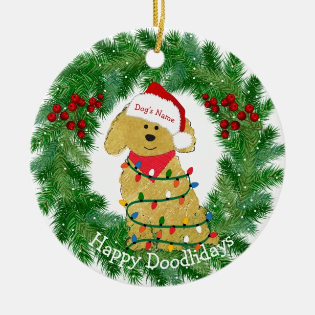Ornamento De Cerâmica Goldendoodle às Luzes de Natal Personalizadas (Frente)