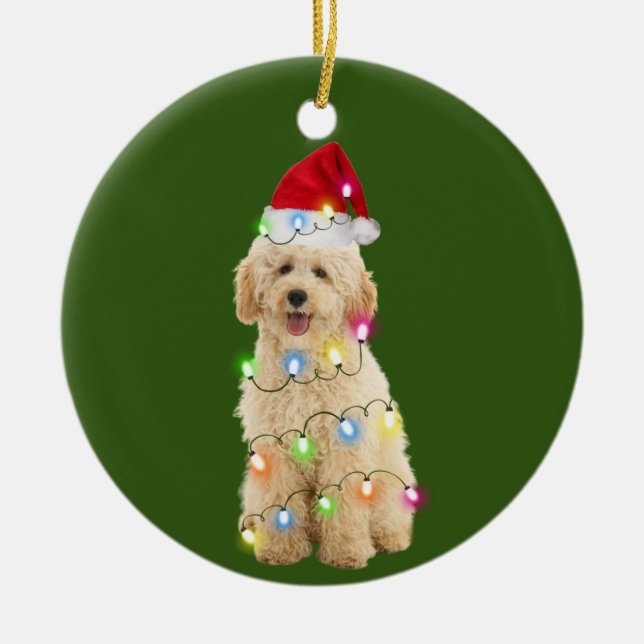 Ornamento De Cerâmica Goldendoodle com café de Natal Santa Hat (Frente)
