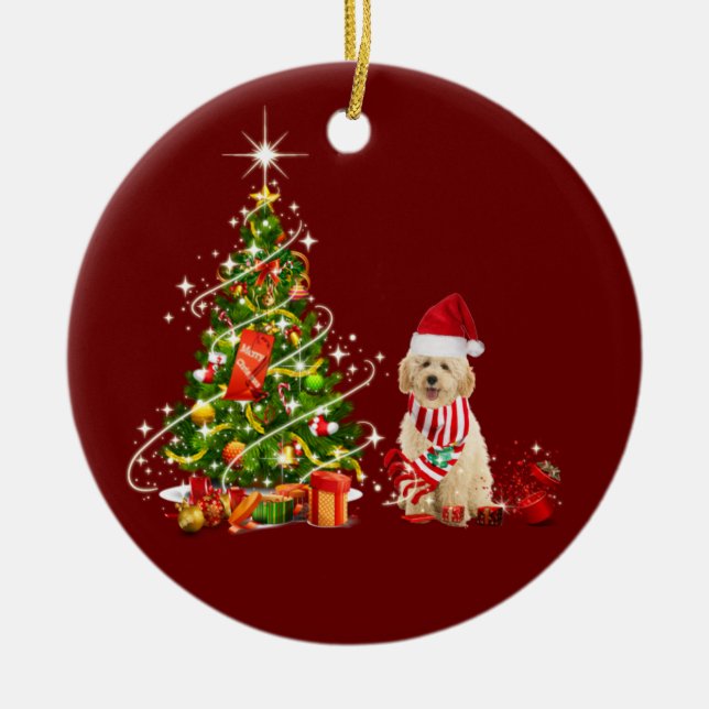 Ornamento De Cerâmica goldendoodle com o Natal do Chapéu (Frente)