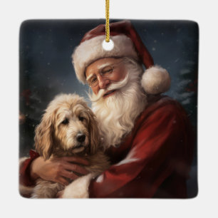 Ornamento De Cerâmica Goldendoodle com Papai Noel Natal Festivo