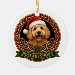 Ornamento De Cerâmica Goldendoodle Personalizado Nó de Nollaig Shona