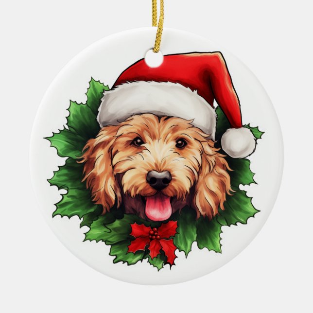 Ornamento De Cerâmica Goldendoodle Wreath de Natal (Frente)