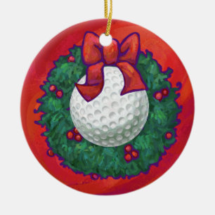 Ornamento De Cerâmica Golf Ball Christmas Wreath on Red
