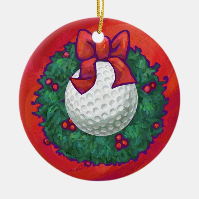 Ornamento De Cerâmica Golf Ball Christmas Wreath on Red (Frente)