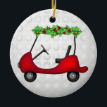 Ornamento De Cerâmica Golf Cart Christmas 1<br><div class="desc">This awesome ceramic ornament has a golf ball background on the front and back sides. The front has a red golf cart that is trimmed out in holly. The text on the back says Merry Christmas 20xx. You can personalize all the text, make sure you change the year! To see...</div>