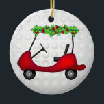 Ornamento De Cerâmica Golf Cart Christmas 1<br><div class="desc">This awesome ceramic ornament has a golf ball background on the front and back sides. The front has a red golf cart that is trimmed out in holly. The text on the back says Merry Christmas 20xx. You can personalize all the text, make sure you change the year! To see...</div>