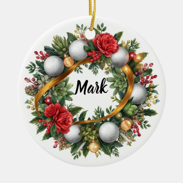 Ornamento De Cerâmica Golf Christmas Wreath with Golfer Name (Frente)
