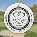 Ornamento De Cerâmica Golf Hole in One Retro Personalized<br><div class="desc">Featuring an aged stamp effect classic retro design. Personalize the name,  location hole number and date to create a great golf keepsake to celebrate that fantastic hole in one. Designed by Thisisnotme©</div>