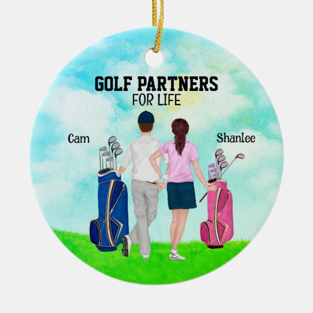 Ornamento De Cerâmica Golf Partners para nome personalizado de vida (Frente)