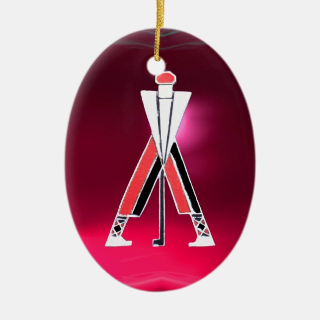 ORNAMENTO DE CERÂMICA GOLF PLAYER, GOLFER RED PINK RUBY MONOGRAMA (Frente)