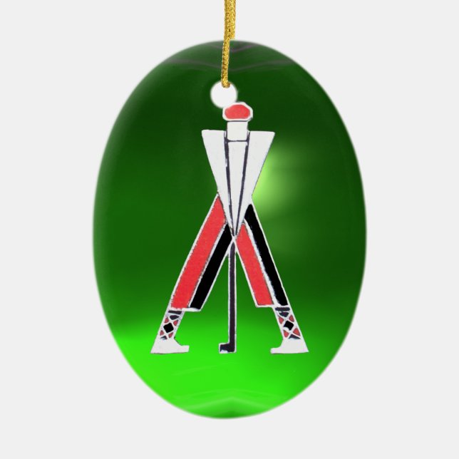 ORNAMENTO DE CERÂMICA GOLF PLAYER,GOLFER RED RUBY,GREEN EMERALD MONOGRAM (Frente)