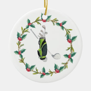 Ornamento De Cerâmica Golfe Feliz Natal com saco de vidro e coroa