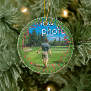 Ornamento De Cerâmica Golfing Wreath adiciona sua foto vermelha